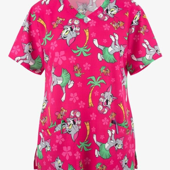 Tom & Jerry Palm Trees Hawaiian 2-Pocket Scrub Top Size M Medium Nurse Caregiver - Picture 1 of 6